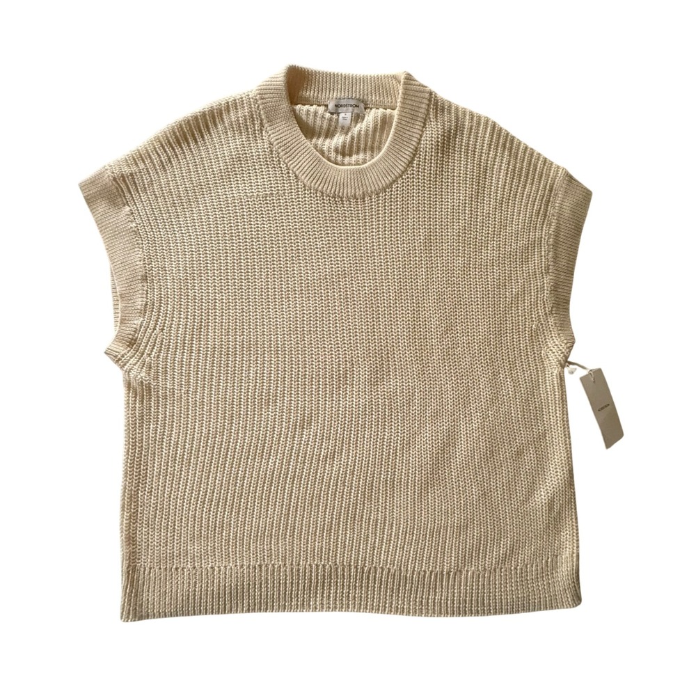 Nordstrom Cream Shaker Stitch Sweater Vest Small 100% Cotton Crewneck Sleeveless